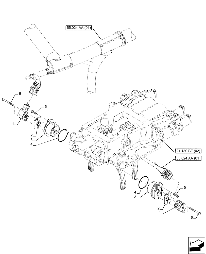 Схема запчастей Case IH MAXXUM 115 - (55.023.AA[01]) - VAR - 392195, 392204, 743764, 743766, 758413, 758414, 758415, 758416, 758581 - TRANSMISSION HOUSING, COVER, POSITION, SENSOR (55) - ELECTRICAL SYSTEMS