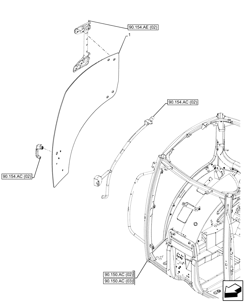 Схема запчастей Case IH MAXXUM 115 - (90.154.AV[02]) - VAR - 391610, 758479, 758481 - CAB DOOR, GLASS, RIGHT (90) - PLATFORM, CAB, BODYWORK AND DECALS