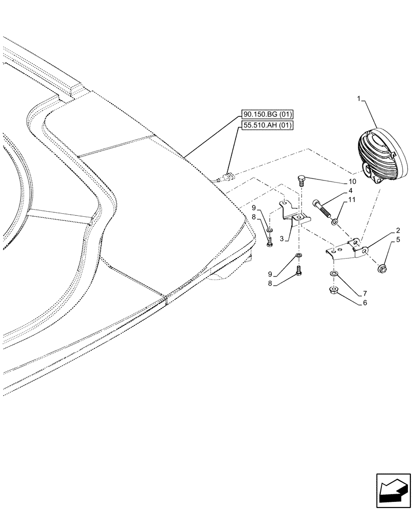 Схема запчастей Case IH MAXXUM 150 - (55.404.BS[11]) - VAR - 758355 - CAB, REAR, WORKING LIGHT (55) - ELECTRICAL SYSTEMS