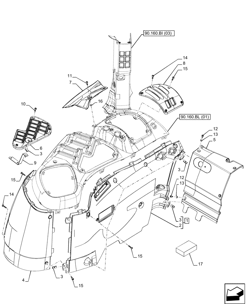 Схема запчастей Case IH MAXXUM 115 - (90.160.BL[03]) - VAR - 392195, 392204, 392440, 743764, 743766, 758413, 758414, 758415, 758416, 758497, 758581 - CAB INTERIOR TRIM, ELECTRONIC CONTROLS, RH (90) - PLATFORM, CAB, BODYWORK AND DECALS