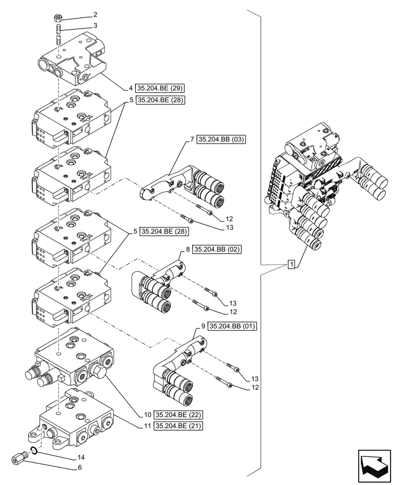 Схема запчастей Case IH MAXXUM 150 - (35.204.BQ[03]) - VAR - 743733 - 4 REMOTE CONTROL VALVES, W/ ELECTROHYDRAULIC ENGAGEMENT (35) - HYDRAULIC SYSTEMS