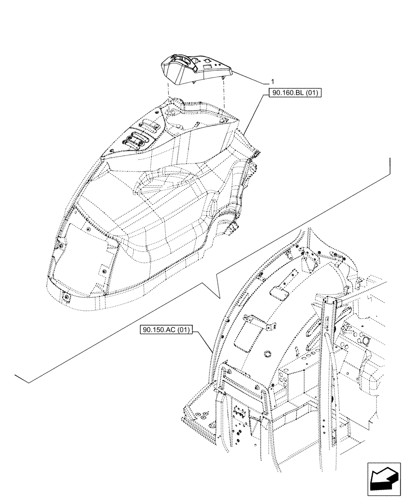 Схема запчастей Case IH PUMA 150 CVT - (90.160.BL[06]) - VAR - 391139, 758024 - PTO, CONTROLS, COVER RH (90) - PLATFORM, CAB, BODYWORK AND DECALS