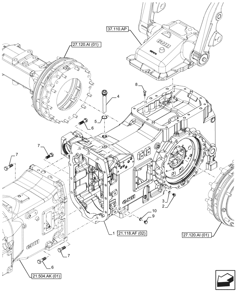 Схема запчастей Case IH MAXXUM 135 - (21.118.AF[01]) - VAR - 396247, 758442, 758549 - TRANSMISSION HOUSING, REAR, MOUNTING (21) - TRANSMISSION