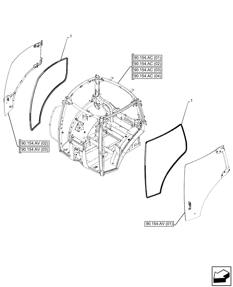 Схема запчастей Case IH MAXXUM 150 - (90.154.AH[01]) - VAR - 391610, 758479, 758480, 758481 - CAB DOOR, SEAL (90) - PLATFORM, CAB, BODYWORK AND DECALS