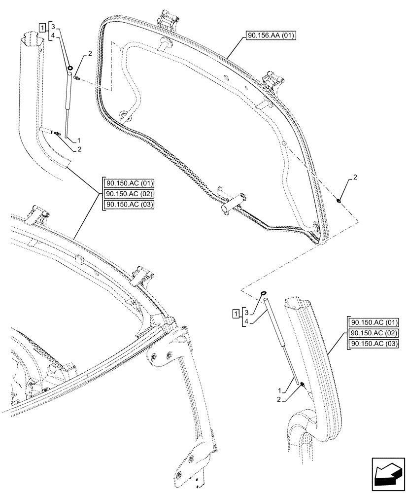 Схема запчастей Case IH MAXXUM 145 - (90.156.AE[02]) - VAR - 396247, 758442, 758549 - CAB, WINDOW, REAR, GAS STRUT (90) - PLATFORM, CAB, BODYWORK AND DECALS