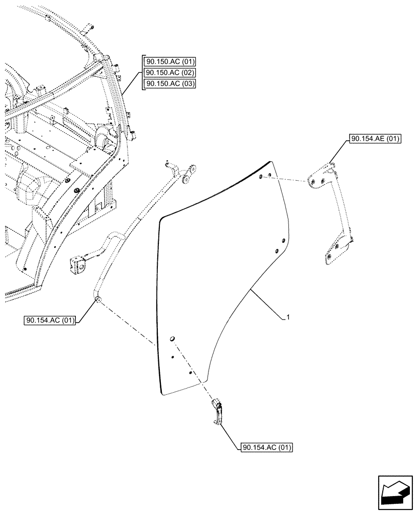 Схема запчастей Case IH MAXXUM 115 - (90.154.AV[01]) - VAR - 391610, 758479, 758480, 758481 - CAB DOOR, GLASS, LEFT (90) - PLATFORM, CAB, BODYWORK AND DECALS