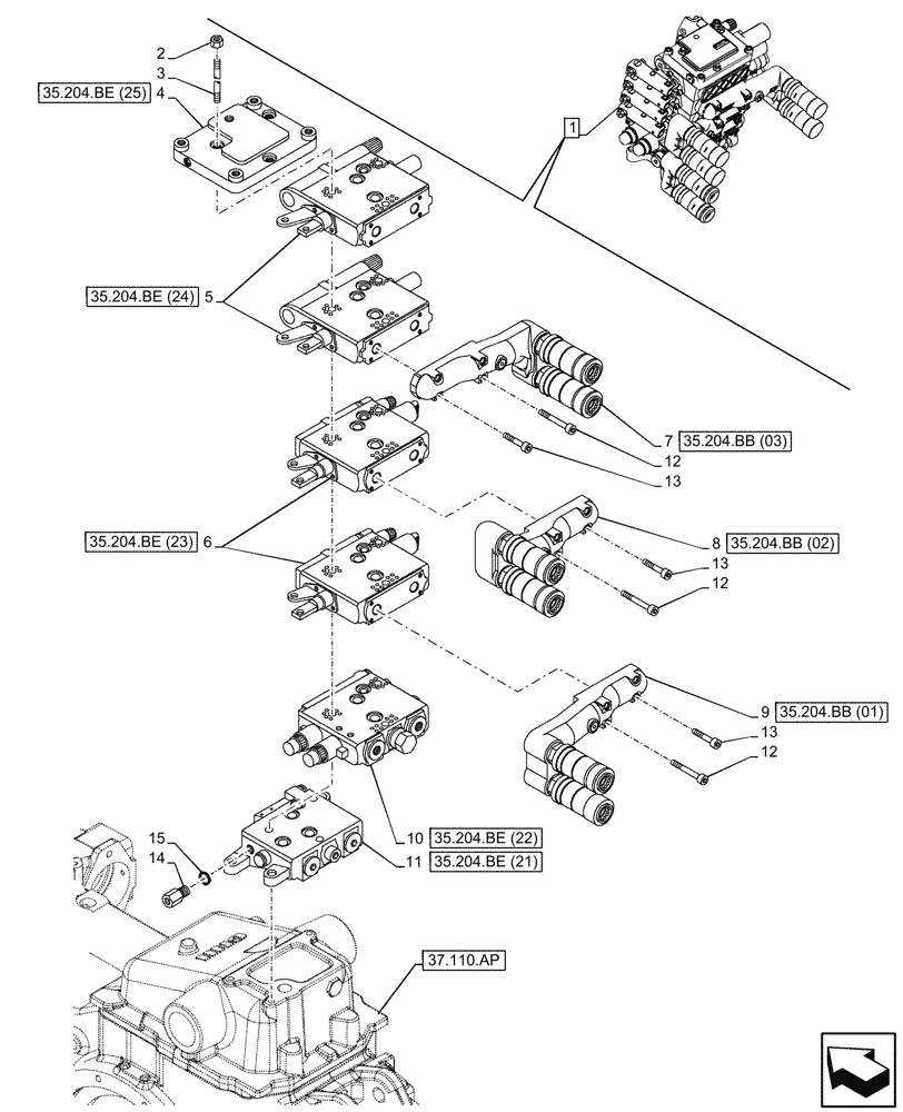 Схема запчастей Case IH MAXXUM 115 - (35.204.BE[06]) - VAR - 743685, 758642 - 4 REMOTE CONTROL VALVES, W/ MECHANICAL ENGAGEMENT,2, CONFIGURABLE,2, NOT CONFIGURABLE, COMPONENTS (35) - HYDRAULIC SYSTEMS