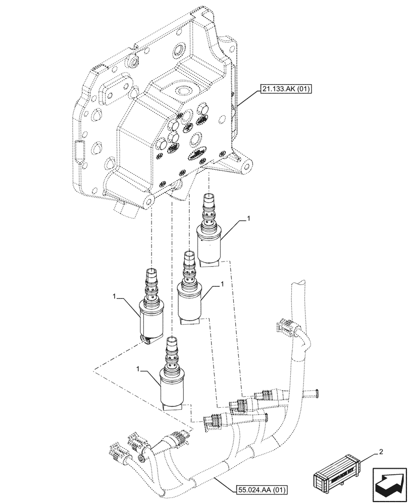Схема запчастей Case IH MAXXUM 135 - (55.024.AH[01]) - VAR - 392195, 392204, 743764, 743766, 758413, 758414, 758415, 758416, 758581, 759375, 759377, 759379 - TRANSMISSION CONTROL VALVE, SOLENOID (55) - ELECTRICAL SYSTEMS
