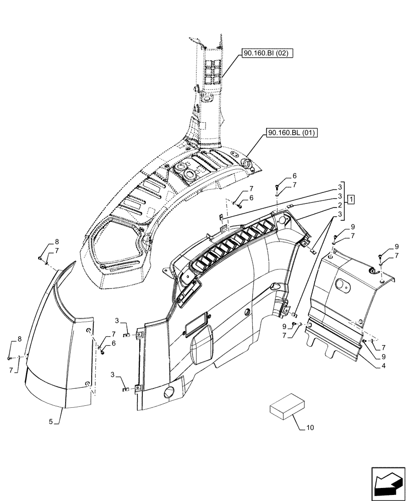 Схема запчастей Case IH MAXXUM 115 - (90.160.BL[09]) - VAR - 392204, 392440, 758497, 758590 - CAB INTERIOR TRIM, ELECTRONIC CONTROLS, RH (90) - PLATFORM, CAB, BODYWORK AND DECALS