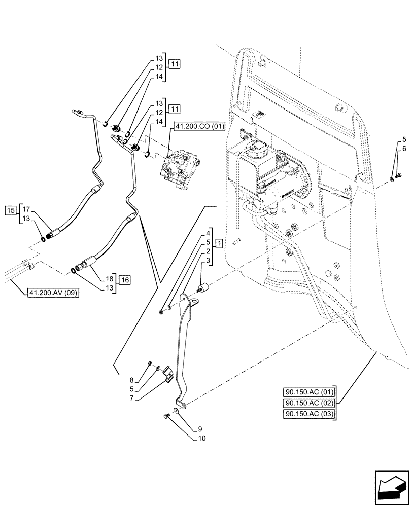 Схема запчастей Case IH MAXXUM 135 - (41.216.AV[11]) - VAR - 391610, 758479, 758480, 758481 - STEERING CYLINDER, HYD. LINE, MTA (41) - STEERING