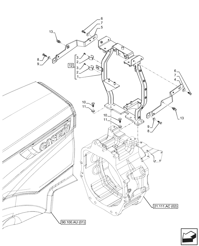 Схема запчастей Case IH MAXXUM 145 - (90.100.BB) - VAR - 392195, 392204, 743764, 743766, 758413, 758414, 758415, 758416, 758581, 759375, 759377, 759379 - HOOD, FRAME, SUPPORT (90) - PLATFORM, CAB, BODYWORK AND DECALS