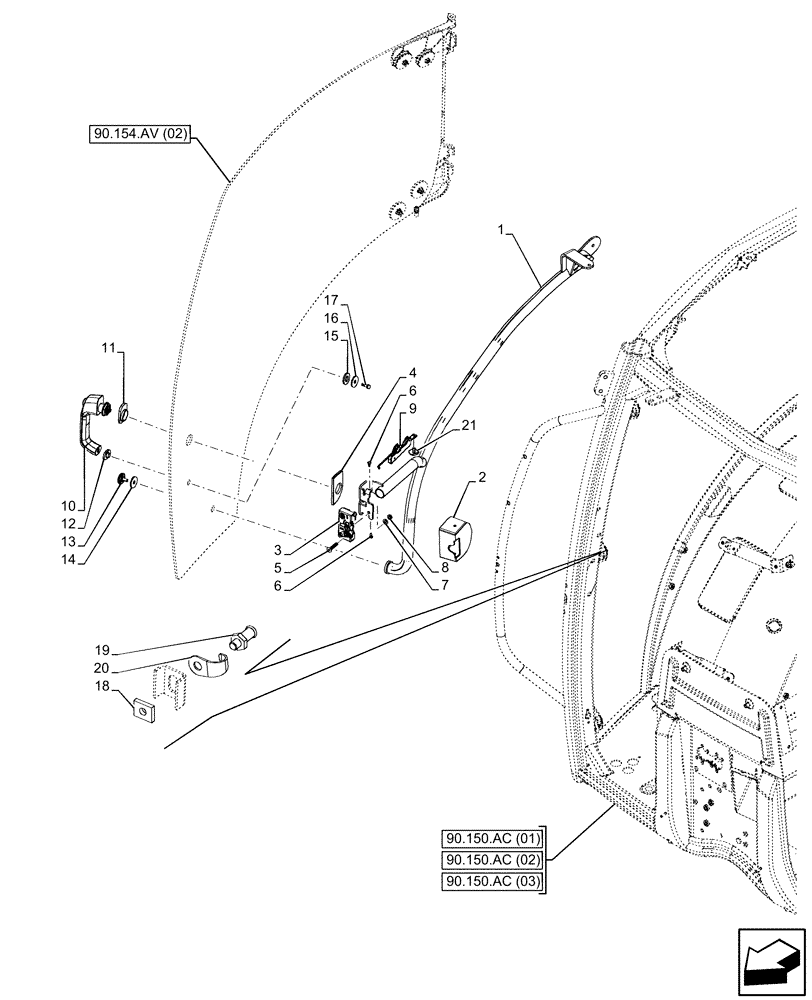 Схема запчастей Case IH MAXXUM 115 - (90.154.AC[02]) - VAR - 391610, 758479, 758480, 758481 - CAB DOOR, HANDLE, RIGHT (90) - PLATFORM, CAB, BODYWORK AND DECALS