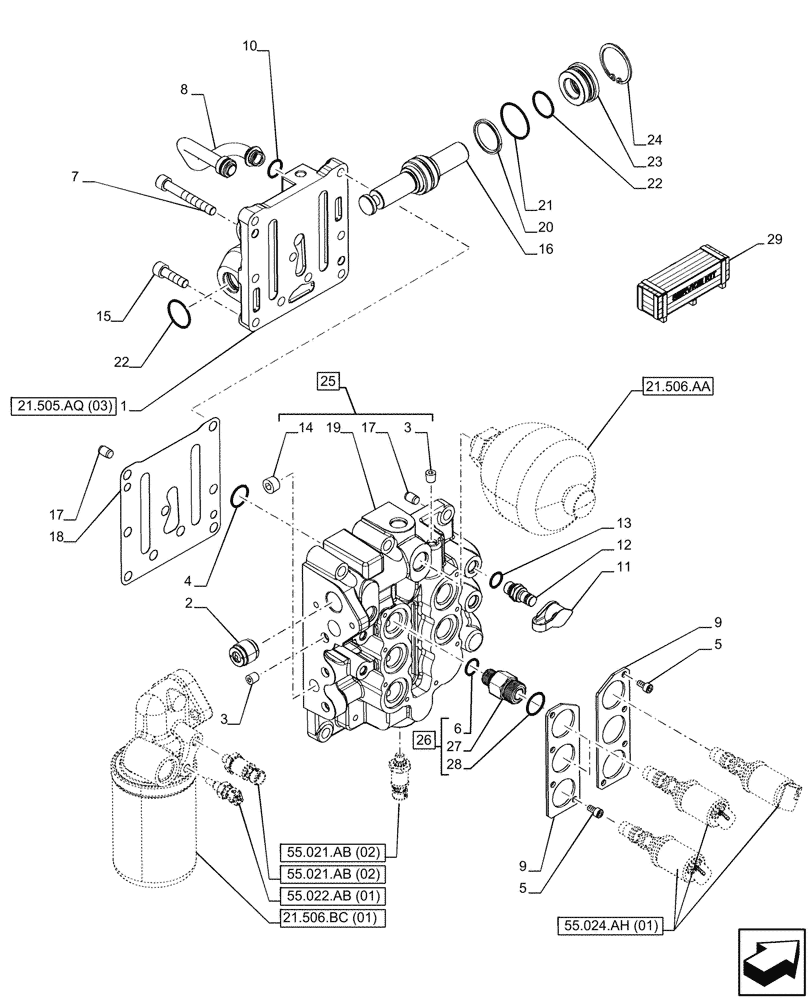 Схема запчастей Case IH MAXXUM 135 - (21.505.AQ[02]) - VAR - 396247, 758442, 758549 - TRANSMISSION CONTROL VALVE (21) - TRANSMISSION