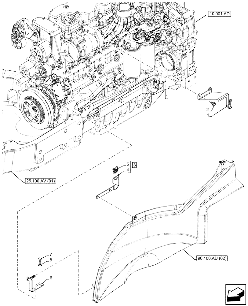 Схема запчастей Case IH MAXXUM 150 - (90.102.AW[03]) - VAR - 392209, 743729, 744985 - HOOD, SUPPORT, STOP, LEFT SIDE, 6 CYLINDER (90) - PLATFORM, CAB, BODYWORK AND DECALS