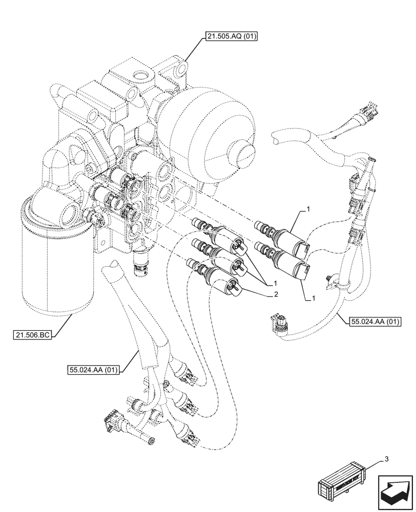 Схема запчастей Case IH MAXXUM 145 - (55.024.AH[01]) - VAR - 396247, 758442, 758549 - TRANSMISSION CONTROL VALVE, SOLENOID (55) - ELECTRICAL SYSTEMS