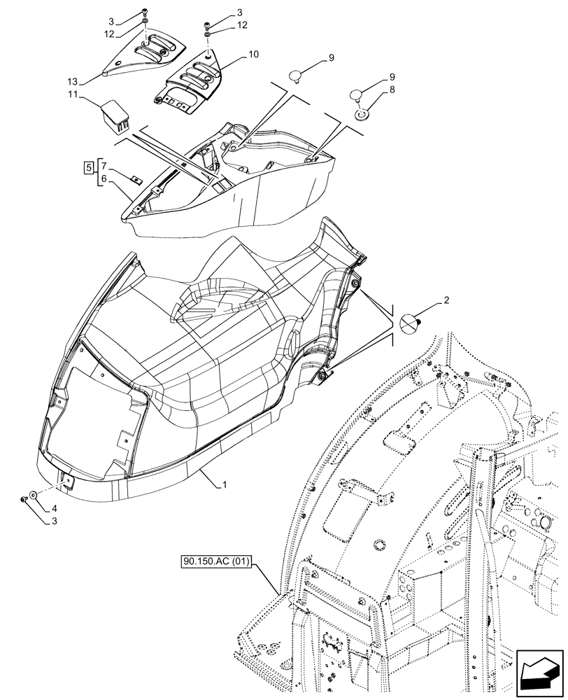 Схема запчастей Case IH MAXXUM 145 - (90.160.BL[02]) - VAR - 743685, 758358 - CAB INTERIOR TRIM, W/ MECHANICAL ENGAGEMENT, RH (90) - PLATFORM, CAB, BODYWORK AND DECALS