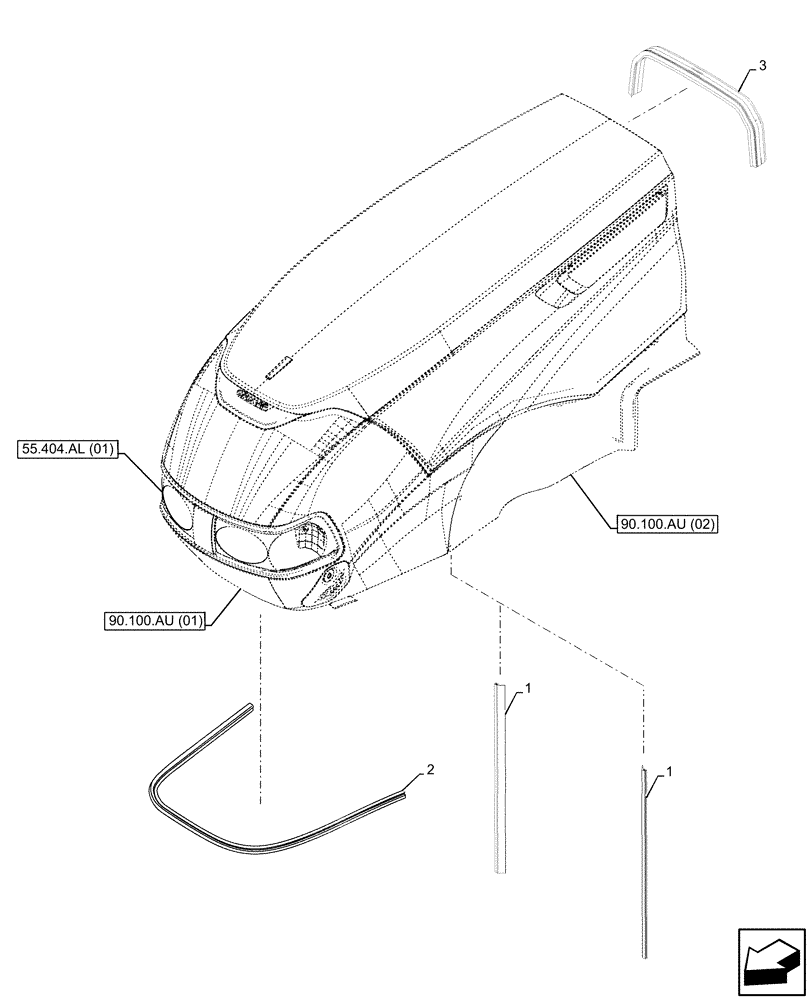 Схема запчастей Case IH MAXXUM 135 - (90.102.AU[05]) - VAR - 392209, 743729, 744985 - HOOD, RUBBER SEAL (90) - PLATFORM, CAB, BODYWORK AND DECALS