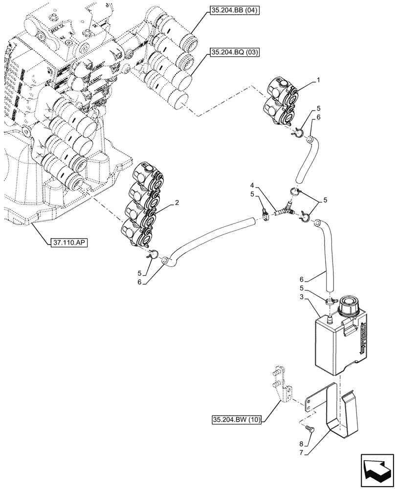 Схема запчастей Case IH MAXXUM 150 - (35.204.BW[06]) - VAR - 743733 - 4 REMOTE CONTROL VALVE, RESERVOIR (35) - HYDRAULIC SYSTEMS