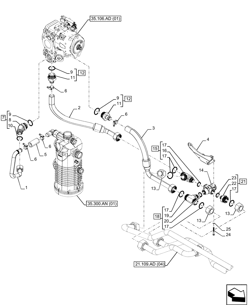 Схема запчастей Case IH MAXXUM 135 - (21.109.AD[03]) - VAR - 396247, 758442, 758549 - TRANSMISSION, COOLING SYSTEM LINE (21) - TRANSMISSION