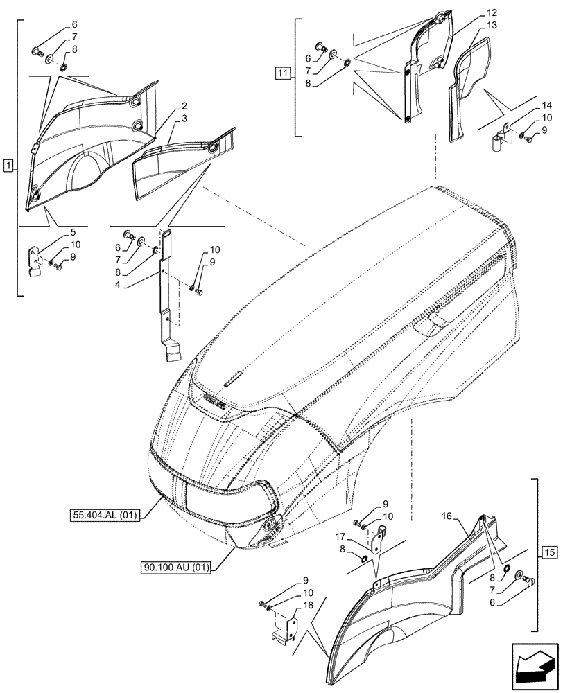 Схема запчастей Case IH MAXXUM 135 - (90.100.AU[02]) - VAR - 392209, 743729, 744985 - HOOD, LOWER (90) - PLATFORM, CAB, BODYWORK AND DECALS