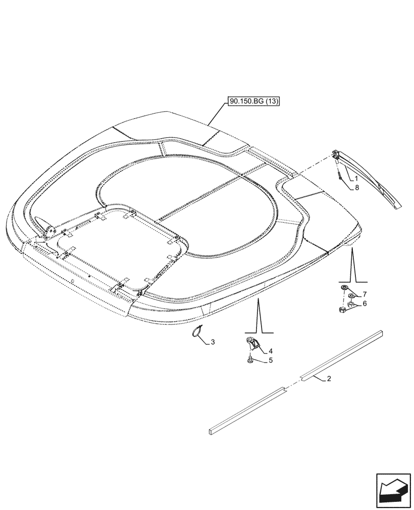 Схема запчастей Case IH MAXXUM 135 - (90.150.BG[14]) - VAR - 744985 - CAB ROOF, LOW PROFILE ROOF, BRACKET, NA (90) - PLATFORM, CAB, BODYWORK AND DECALS