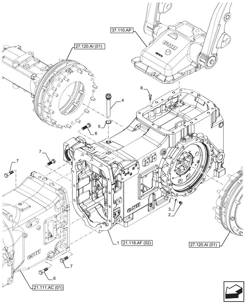 Схема запчастей Case IH MAXXUM 150 - (21.118.AF[01]) - VAR - 392195, 392204, 743764, 743766, 758413, 758414, 758415, 758416, 758581, 759375, 759377, 759379 - TRANSMISSION HOUSING, REAR, MOUNTING (21) - TRANSMISSION