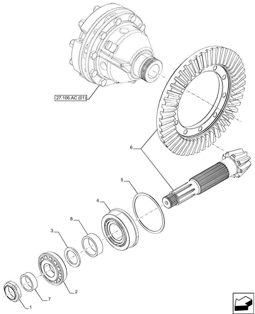 Схема запчастей Case IH MAXXUM 145 - (27.106.AB) - VAR - 390801, 396247, 758437, 758440, 758442, 758549 - REAR AXLE, BEVEL PINION (27) - REAR AXLE SYSTEM