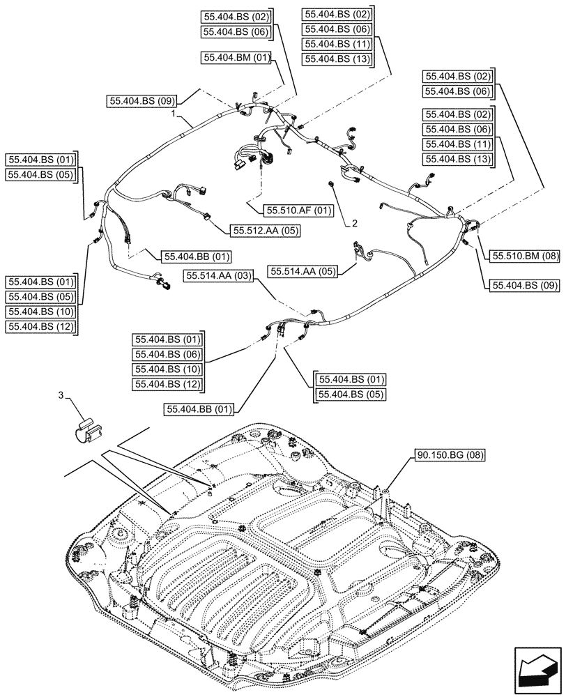 Схема запчастей Case IH MAXXUM 145 - (55.510.AH[03]) - VAR - 743729 - CAB ROOF, HARNESS, HIGH PROFILE ROOF, BASILDON (55) - ELECTRICAL SYSTEMS