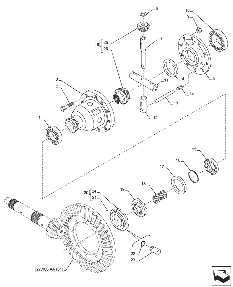 Схема запчастей Case IH MAXXUM 145 - (27.106.AC[05]) - VAR - 392197, 758431, 758433 - FINAL DRIVE, DIFFERENTIAL, GEAR (27) - REAR AXLE SYSTEM