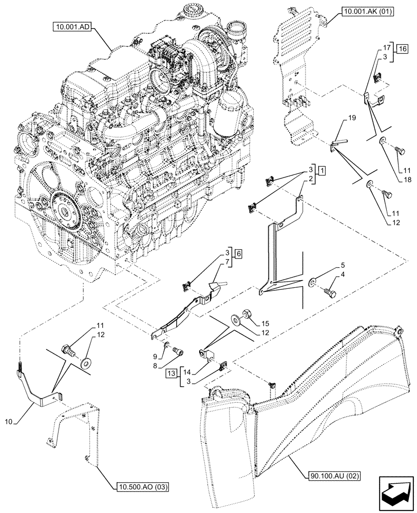 Схема запчастей Case IH MAXXUM 150 - (90.102.AW[04]) - VAR - 392209, 743729, 744985 - HOOD, SUPPORT, STOP, RIGHT SIDE, 6 CYLINDER (90) - PLATFORM, CAB, BODYWORK AND DECALS