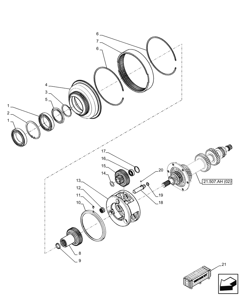 Схема запчастей Case IH MAXXUM 145 - (21.507.AE) - VAR - 396247, 758442, 758549 - TRANSMISSION, PLANETARY GEAR (21) - TRANSMISSION