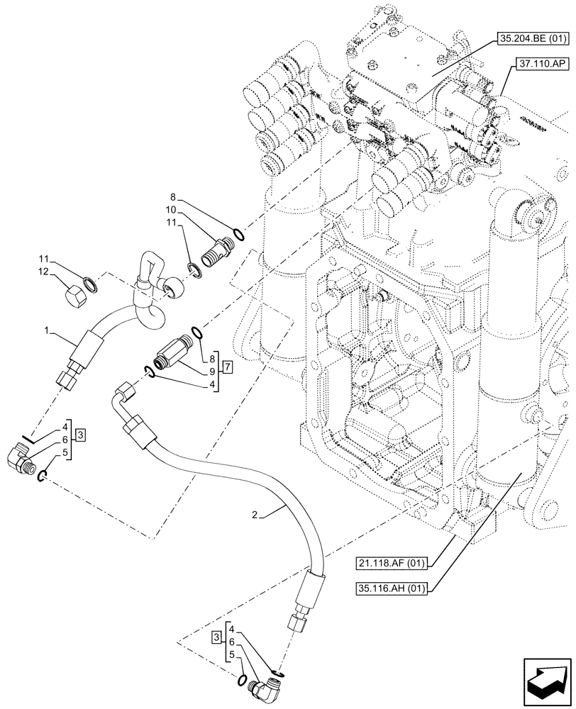 Схема запчастей Case IH MAXXUM 115 - (35.116.AD) - VAR - 390911, 390856, 396844, 743685, 743686, 743733, 743811, 758358, 758359, 758642, 758644 - 3 POINT HITCH, HYDRAULIC CYLINDER, LINE (35) - HYDRAULIC SYSTEMS