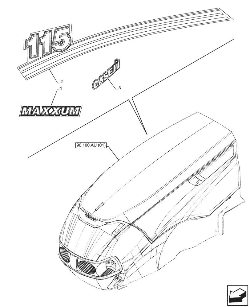 Схема запчастей Case IH MAXXUM 115 - (90.108.AB[02]) - MODEL IDENTIFICATION DECAL (90) - PLATFORM, CAB, BODYWORK AND DECALS