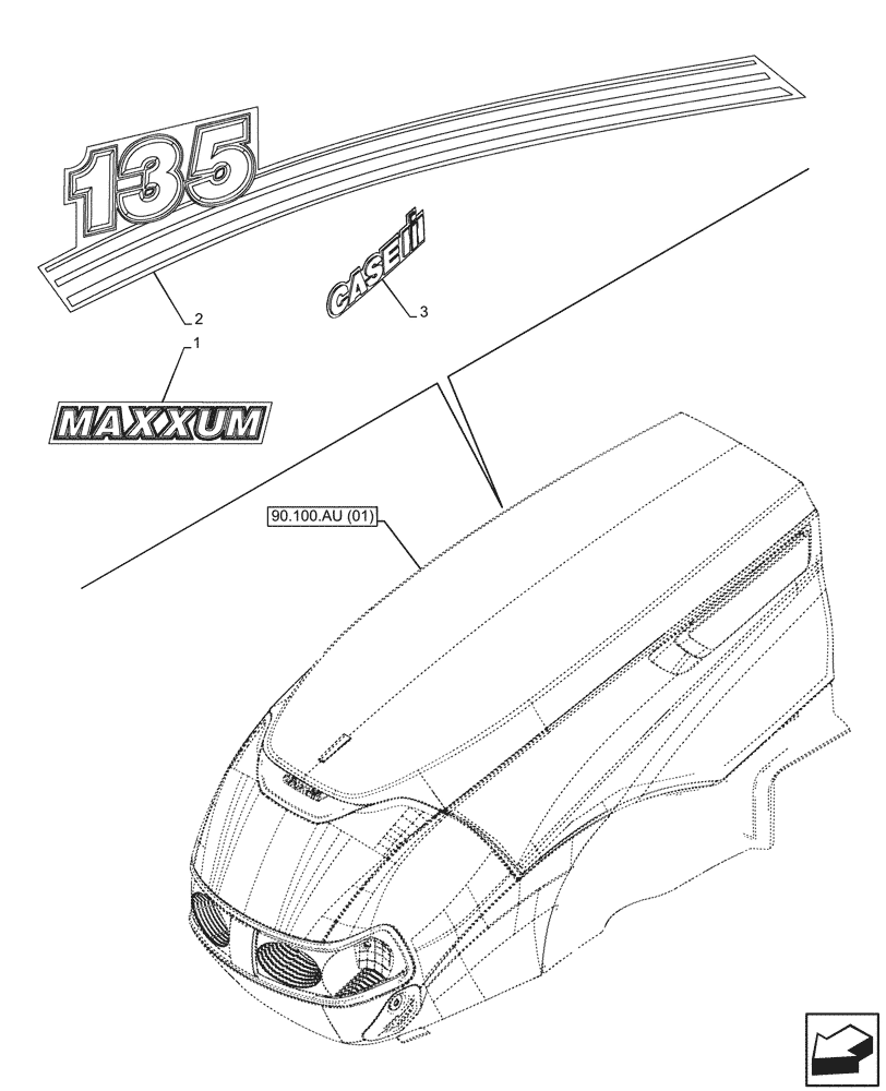 Схема запчастей Case IH MAXXUM 135 - (90.108.AB[03]) - MODEL IDENTIFICATION DECAL (90) - PLATFORM, CAB, BODYWORK AND DECALS