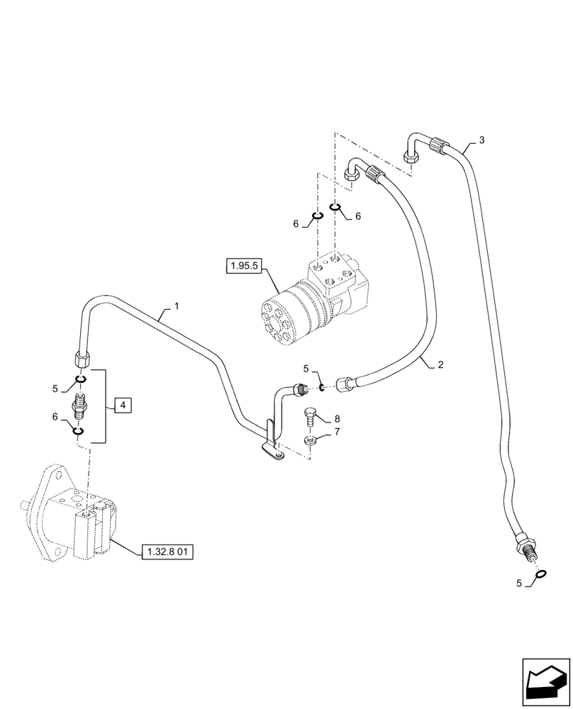 Схема запчастей Case IH PUMA 125 - (1.42.0[EUCU]) - POWER STEERING DELIVERY AND RETURN PIPES FOR 16X16 TRANSMISSION - C5833 (04) - FRONT AXLE & STEERING