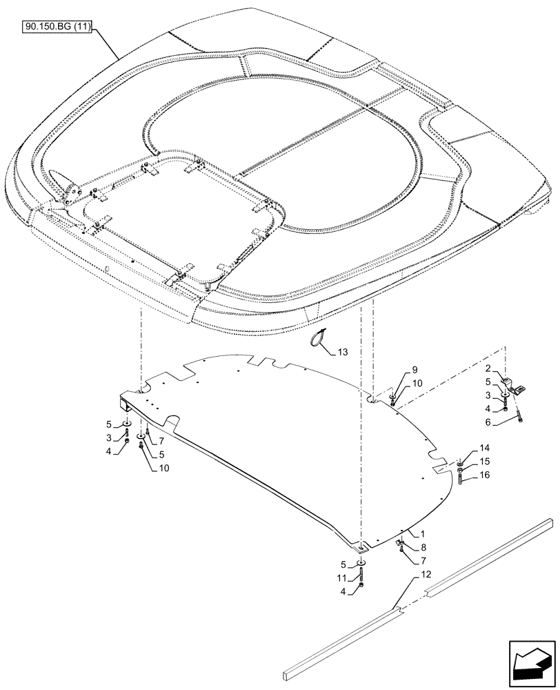 Схема запчастей Case IH MAXXUM 115 - (90.150.BG[12]) - VAR - 744985 - CAB ROOF, LOW PROFILE ROOF, REINFORCEMENT, EU (90) - PLATFORM, CAB, BODYWORK AND DECALS