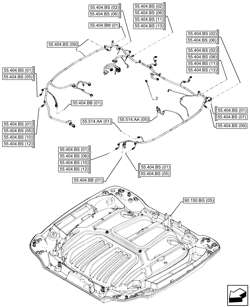 Схема запчастей Case IH MAXXUM 150 - (55.510.AH[02]) - VAR - 743729 - CAB ROOF, HARNESS, HIGH PROFILE ROOF, BASILDON (55) - ELECTRICAL SYSTEMS