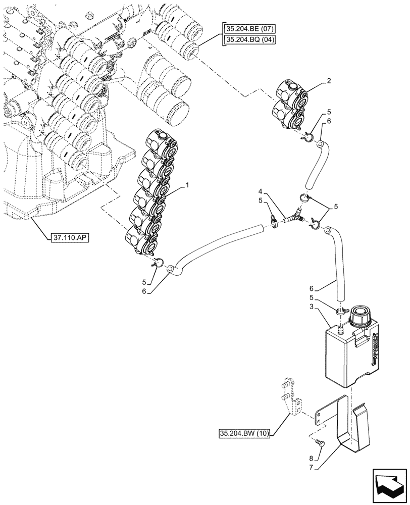 Схема запчастей Case IH MAXXUM 135 - (35.204.BW[05]) - VAR - 758358, 758359 - 4 REMOTE CONTROL VALVES, RESERVOIR (35) - HYDRAULIC SYSTEMS