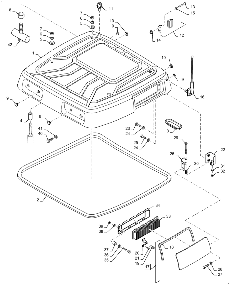 Схема запчастей Case IH MX110 - (09-30) - ROOF WITHOUT HATCH (09) - CHASSIS/ATTACHMENTS