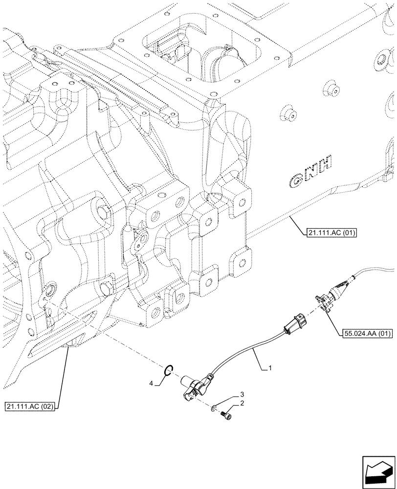 Схема запчастей Case IH MAXXUM 115 - (55.020.AB[04]) - VAR - 392195, 743764, 743766, 758413, 758414, 758415, 758416, 758581 - TRANSMISSION HOUSING, SPEED SENSOR (55) - ELECTRICAL SYSTEMS