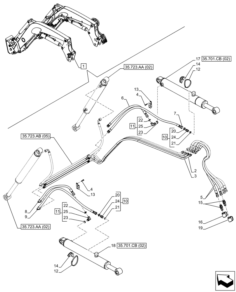 Схема запчастей Case IH FARMALL 85C - (35.701.AX[05]) - VAR - 334490, 336490, 336740, 336742 - LOADER ARM, BOOM CYLINDER LINES (35) - HYDRAULIC SYSTEMS