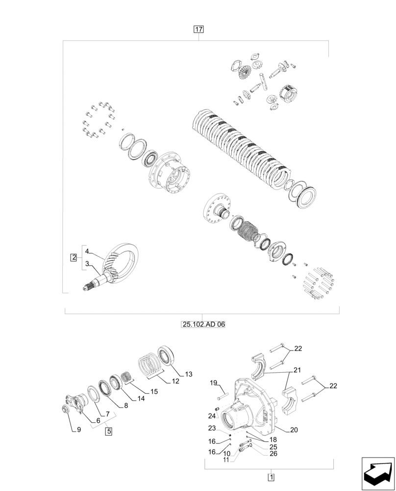 Схема запчастей Case IH MAGNUM 235 - (25.102.AD[07]) - CARRIER & DIFFERENTIAL, CLASS V, STANDARD AND SUSPENDED MFD - CNH (25) - FRONT AXLE SYSTEM