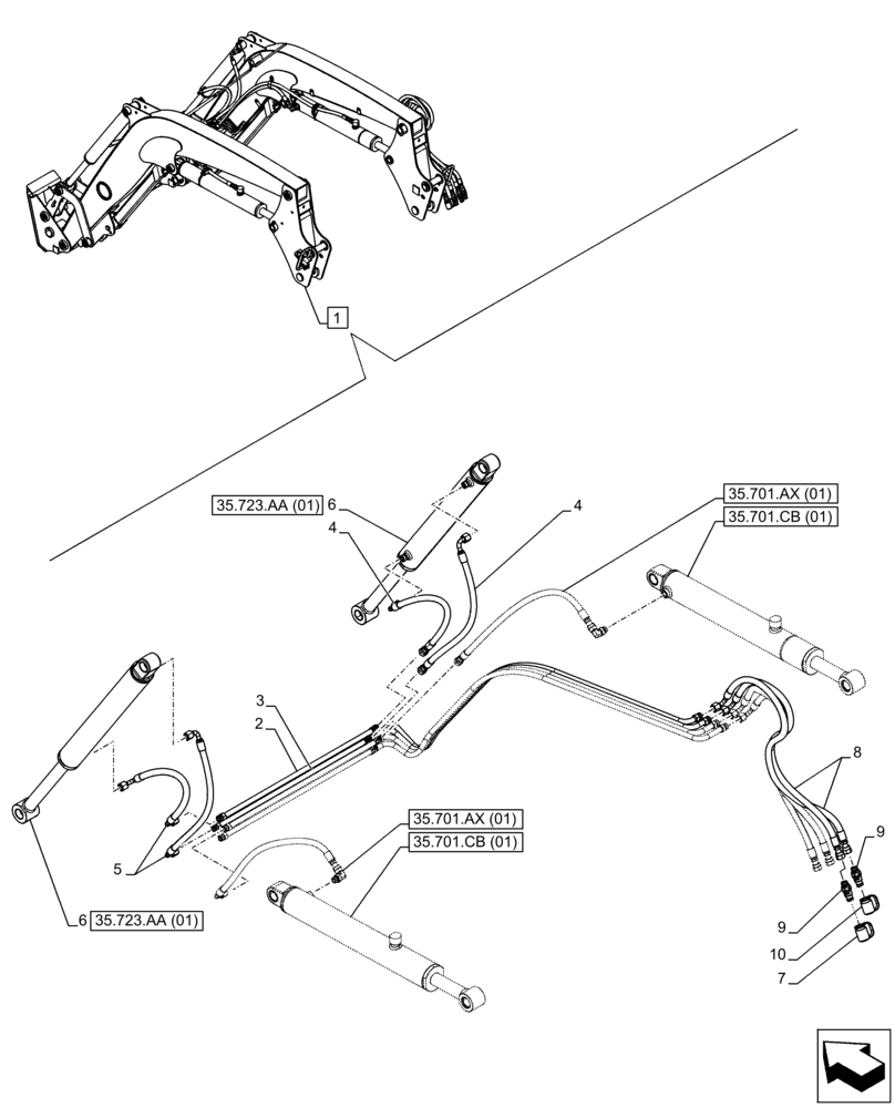 Схема запчастей Case IH FARMALL 85C - (35.723.AB[01]) - VAR - 333489, 335489, 336730, 336732 - BUCKET CYLINDER, LINES (35) - HYDRAULIC SYSTEMS