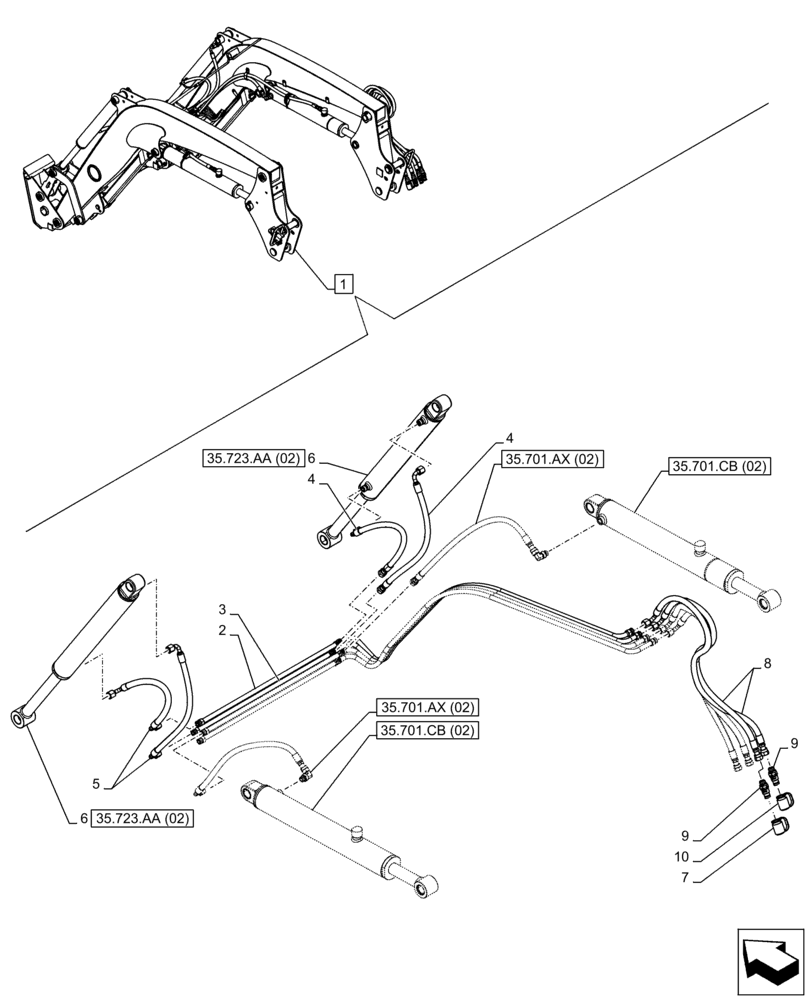 Схема запчастей Case IH FARMALL 85C - (35.723.AB[05]) - VAR - 334490, 336490, 336740, 336742 - BUCKET CYLINDER, LINES (35) - HYDRAULIC SYSTEMS