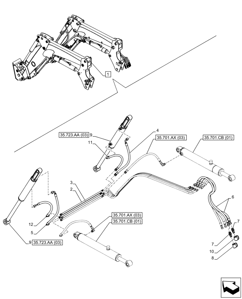 Схема запчастей Case IH FARMALL 105C - (35.723.AB[03]) - VAR - 334489, 339489, 336734, 336736 - BUCKET CYLINDER, LINES (35) - HYDRAULIC SYSTEMS