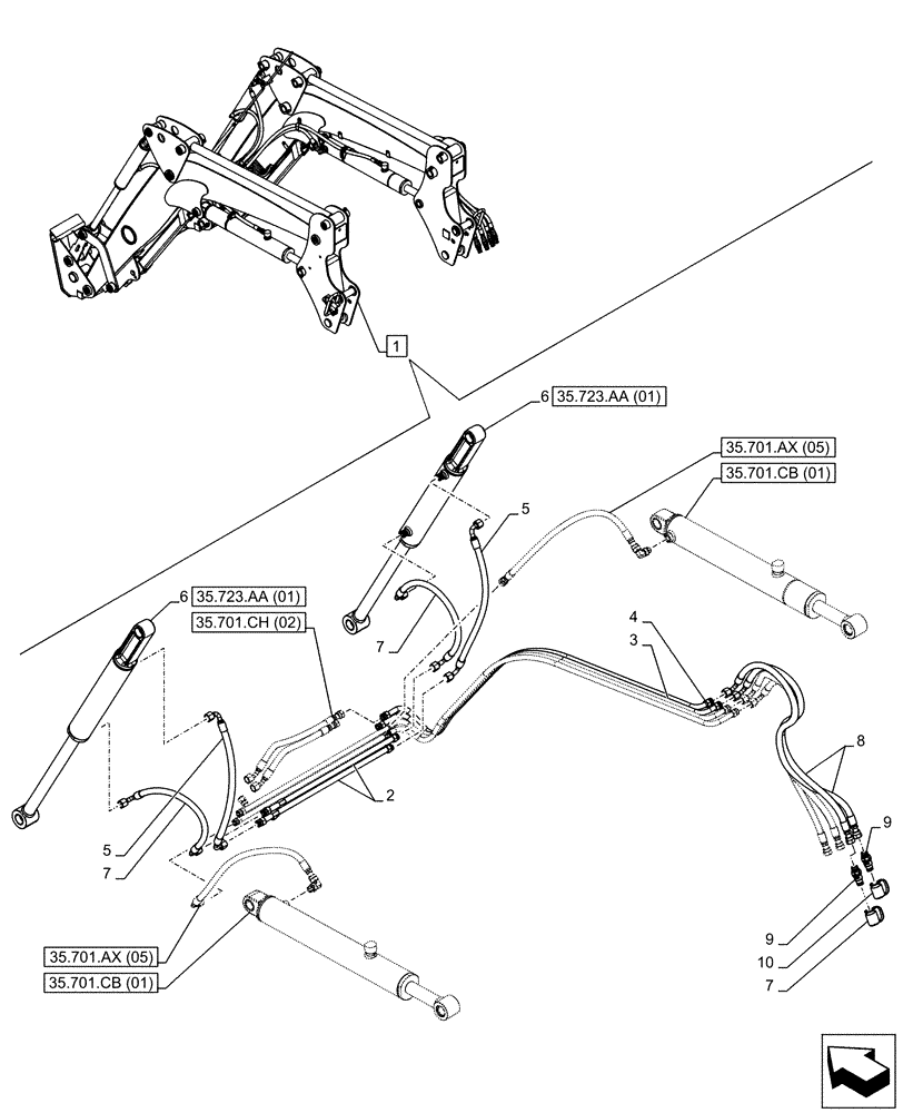 Схема запчастей Case IH FARMALL 115C - (35.723.AB[04]) - VAR - 336735, 336739 - BUCKET CYLINDER, LINES (35) - HYDRAULIC SYSTEMS