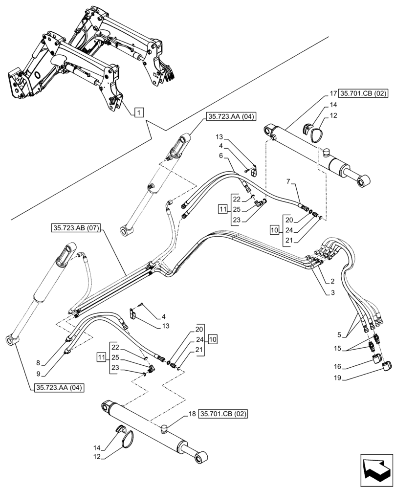 Схема запчастей Case IH FARMALL 95C - (35.701.AX[07]) - VAR - 335490, 337490, 336744, 336746 - LOADER ARM, BOOM CYLINDER LINES (35) - HYDRAULIC SYSTEMS