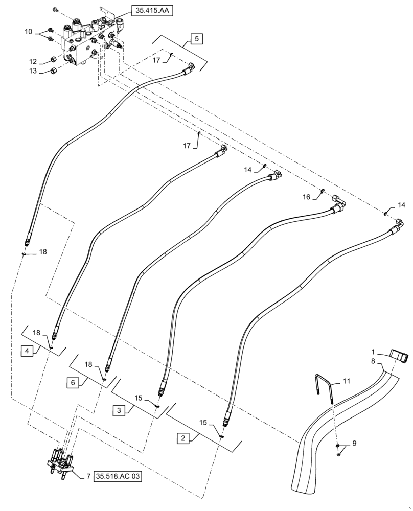 Схема запчастей Case IH 6140 - (35.518.AC[02]) - VAR - 425125, 425126 - HYDRAULIC SYSTEM, HEADER, FEEDER, COUPLING, HILLCO (35) - HYDRAULIC SYSTEMS