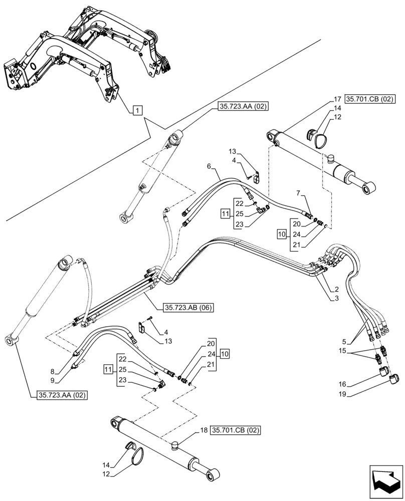 Схема запчастей Case IH FARMALL 95C - (35.701.AX[06]) - VAR - 336741, 336743 - LOADER ARM, BOOM CYLINDER LINES (35) - HYDRAULIC SYSTEMS