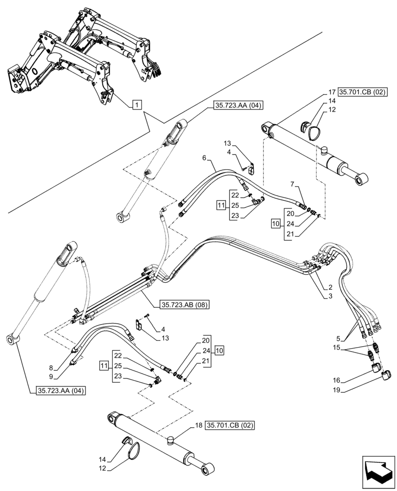 Схема запчастей Case IH FARMALL 85C - (35.701.AX[08]) - VAR - 336745, 336747 - LOADER ARM, BOOM CYLINDER LINES (35) - HYDRAULIC SYSTEMS